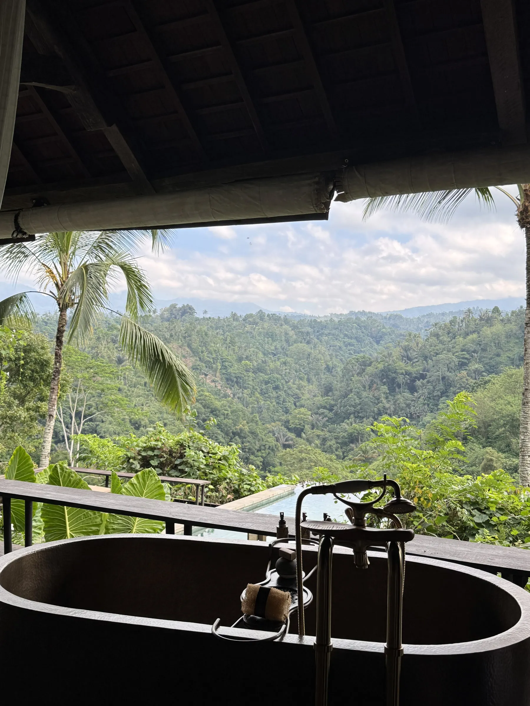 A copper bathtub on the edge of a villa, looking out over palms and the jungle valley