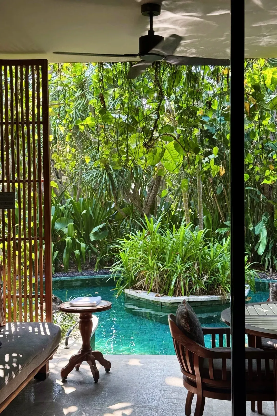 The view from a Lagoon Access terrace straight onto the lagoon pool and thick jungle planting