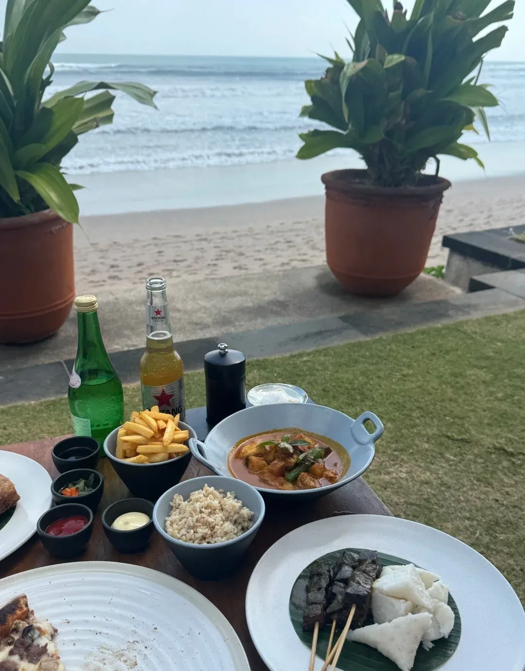 Lunch on the lawn with fries, a curry and grilled fish, with beers and the beach just beyond