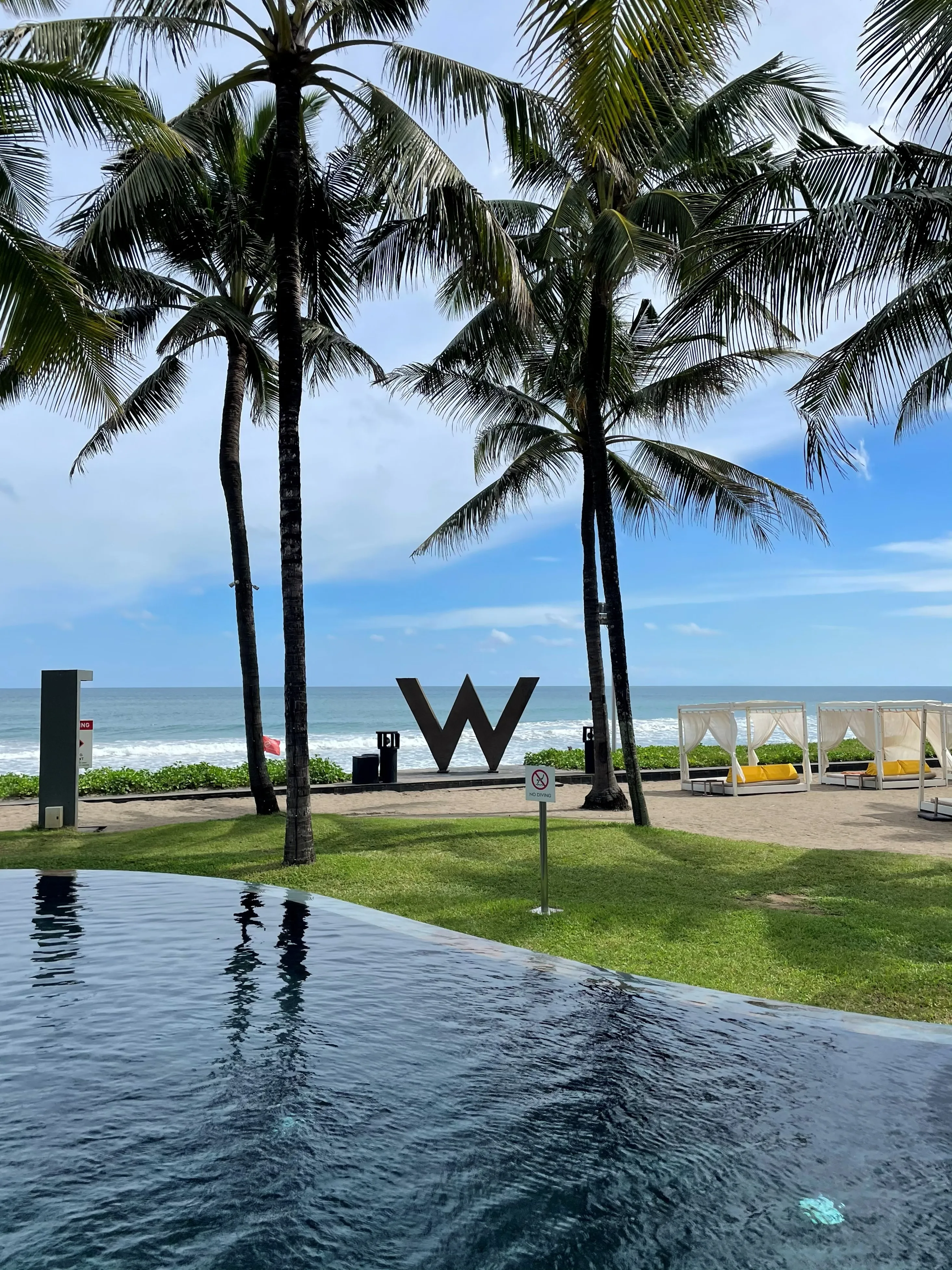 The pool’s edge running out to a lawn, with the giant W sign, palms and white cabanas on the beach beyond