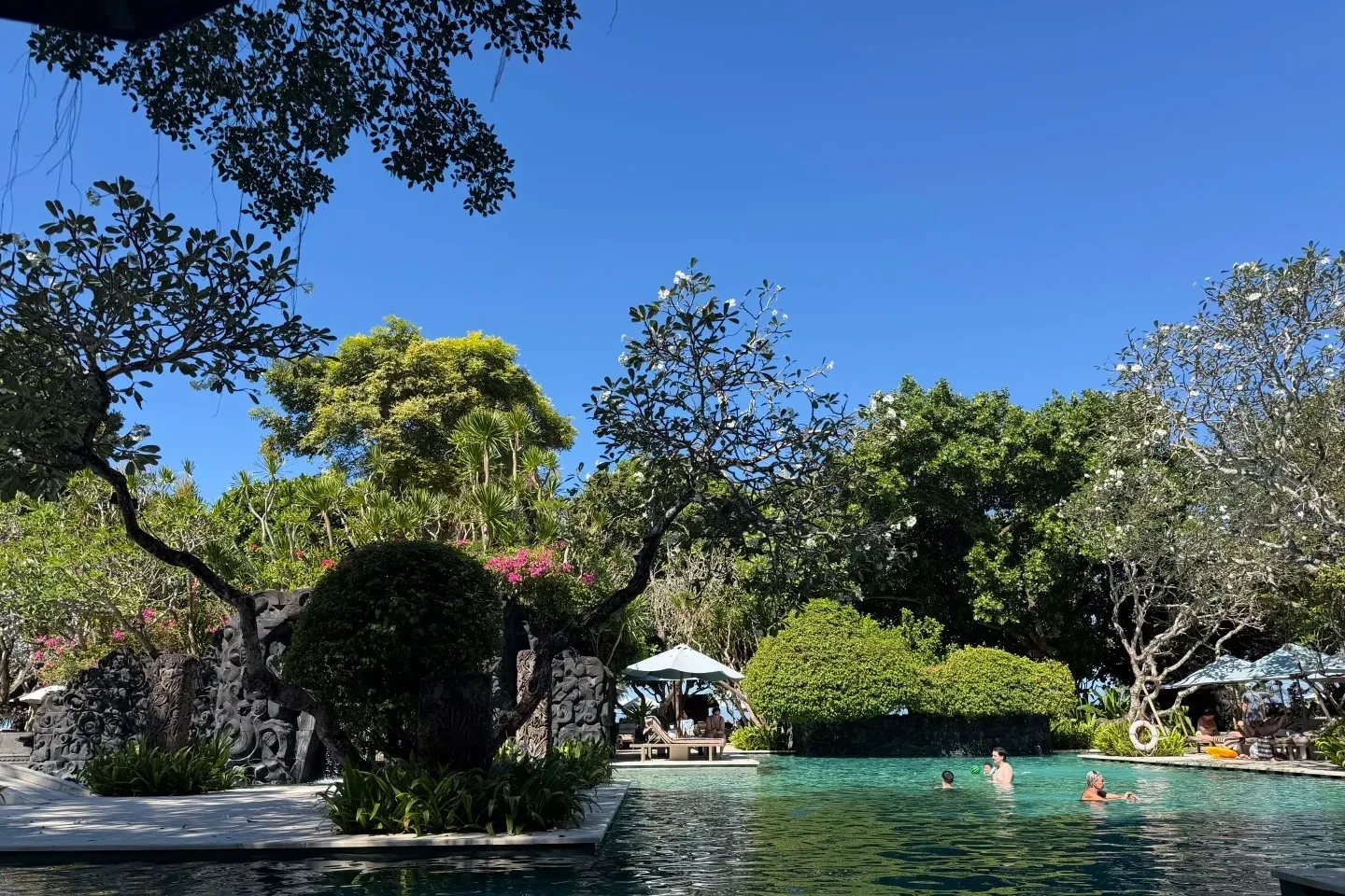 The main pool under frangipani trees, with carved stone walls and umbrellas along the far side