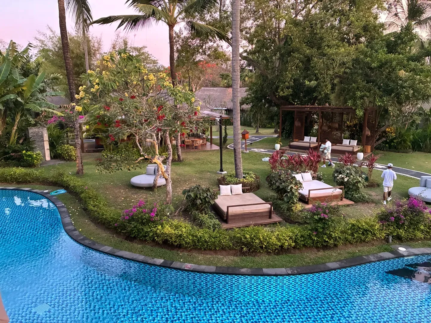 A winding pool curving around a garden island of daybeds and frangipani